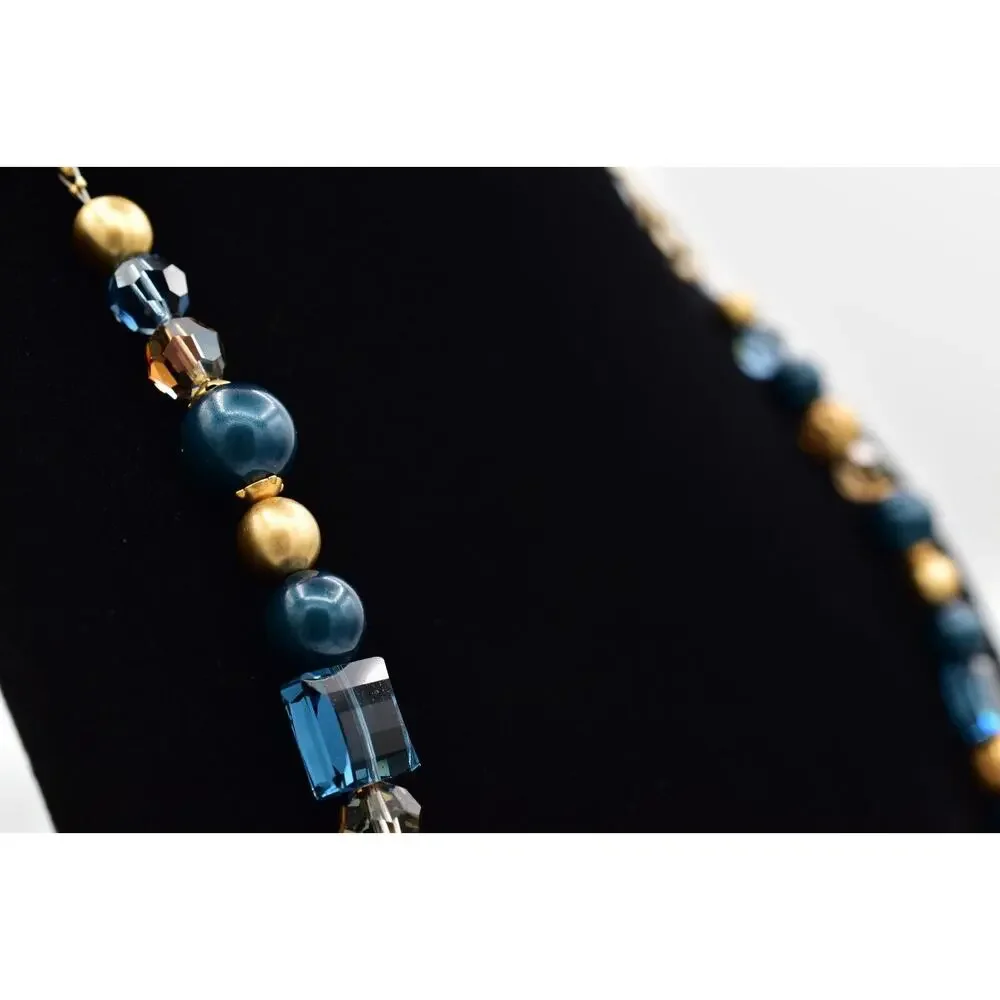 Brighton Chunky Station Necklace Brushed Gold Blue Crystal Contempo Belt BinBJ